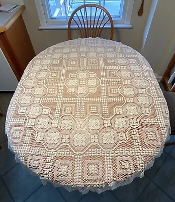 Vintage IVORY Hand Crocheted Oval Lace Tablecloth 56 X 49” Scalloped 3D Florals • $12.99