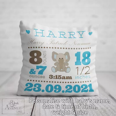 BLUE BABY BOY PILLOW Elephant Cushion Newborn Birth Stats Details Gift Grandson • £21.99