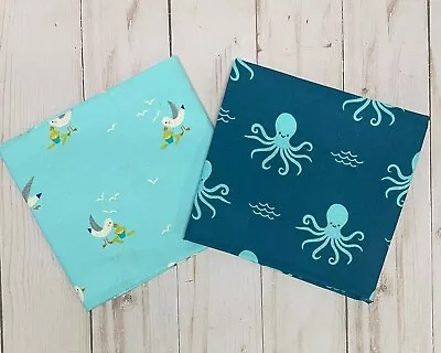 Fabric FQ Fat Quarter Set 2 Blue Octopus Seagull Beach Ocean Bird 100% Cotton • $11.99