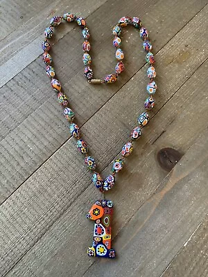 RARE #1 Pendant Vintage Millefiori Oval Glass Bead Beaded Necklace Art Deco 28  • $75