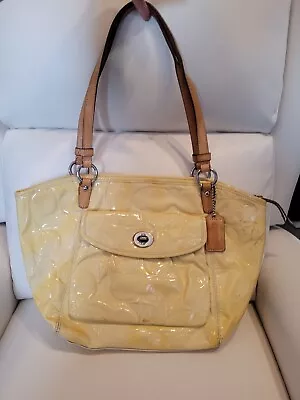 COACH Signature Embossed Leah Yellow Patent Leather Tote F14663 Fair • $31