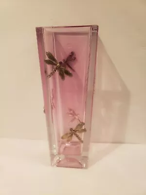 Pinkish Clear Crystal Vase W/Silver & Amethyst Head Dragonflies Czech Republic • $199.99