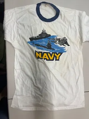 Vintage US Navy Ringer Tee Shirt White Blue Submarine Jet • $12.99