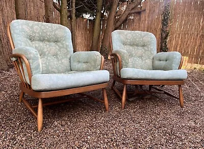 Ercol Jubilee Golden Dawn Retro Elm Armchairs Lounge Light Green Floral X 2 • £270