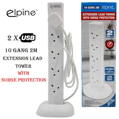 £14.95 • Buy 10 Way Gang 2m 2 X Usb Cable Mains Power Tower Extension Lead Plug Socket Surge