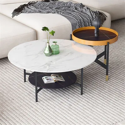 Heavy Duty Marble Coffee Table Large 2 Tier Round Sofa Side End Table Bookshelf • $129.97