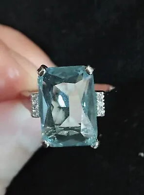 Vintage Style Jewellery Aquamarine Topaz And Crystal Ring 18K White Gold Plated • £10.99