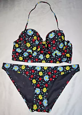 ASOS SWIM Black Floral Print 1950's Pin-up Halter-neck Bikini Set SIZE 34B UK 12 • £0.99