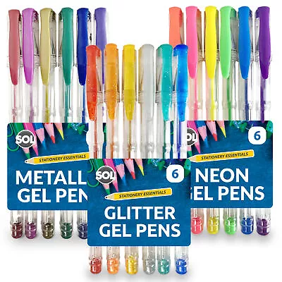 18 Pack Gel Pens Set 3 X 6pk Neon Glitter Metallic For Adult Colouring Book Kids • £3.99