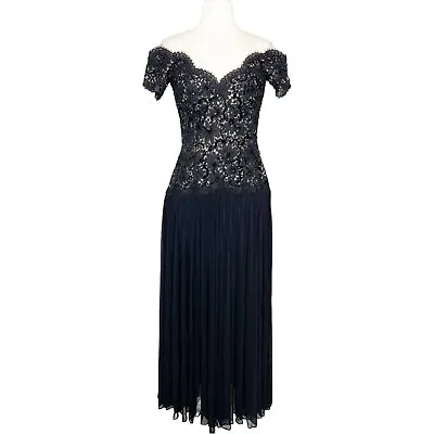 Vintage S Vicky Tiel Couture Formal Dress Caprice Black Lace Sequin Ball Gown • $374.99