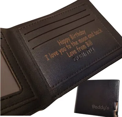 PU Black Leather Wallet Personalised Mens Gift For Dad Husband Grandad Birthday • £9.99