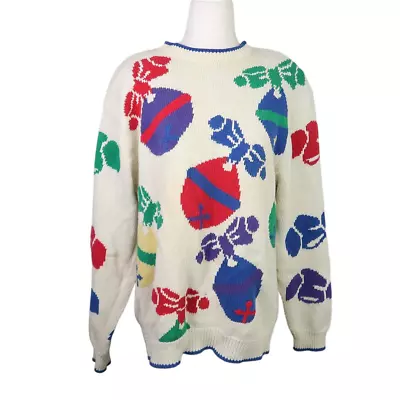 Vintage 90s Heirlooms Cream Multicolor Christmas Jingle Bells Sweater M • $25