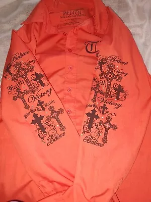 Cowgirl Tuff Shirt Long Sleeve Button Up Orange With Black Accents Size Medium • $8
