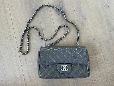 Chanel Grey Quilted Patent Leather Classic Rectangular Mini Flap Bag Crossbody • £1817.17