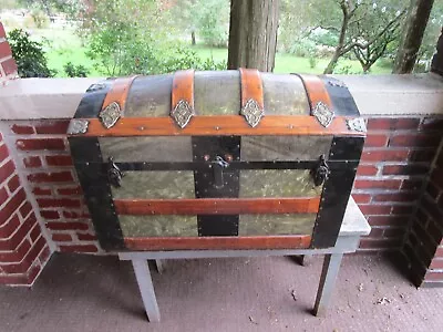 Vintage Humpback Trunk Victorian Metal Wood Steamer Trunk Chest Antique • $399.99