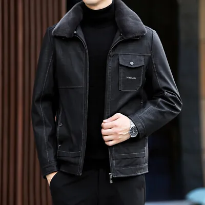 Men PU Leather Denim Jacket Lapel Fur Collar Slim Thicken Down Jacket Biker Coat • $125.39