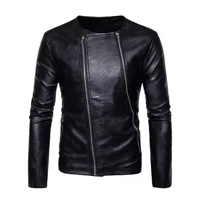 Men's Collarless Authentic Lambskin Natural Leather Jacket Biker Black Coat • $119.20