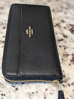 £65 • Buy Coach Long Zip Around Large Pebbled Leather Wallet Purse Black Immaculate