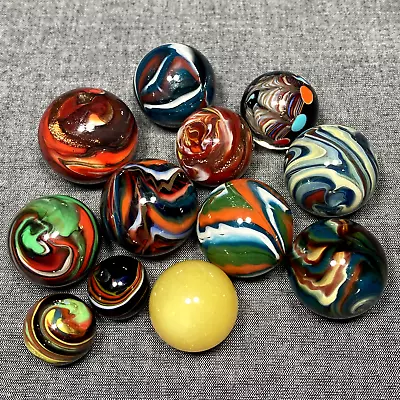 Collection Of 12 Contemporary Handmade Glass Marbles • $179.99