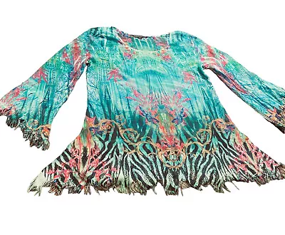 Mushka Sienna Rose Tunic Shirt Med Vibrant Top Fringe Hems Art Bell Sleeve Blue • $21.12