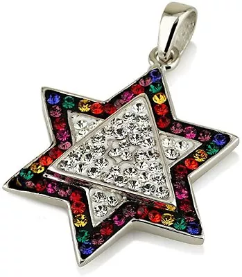 Star Of David Pendant Multi Colors Gemstones + Sterling Silver Necklace • $56