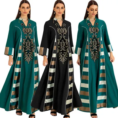 Moroccan Muslim Women Abaya Embroidery Maxi Dress Islamic Party Kaftan Arab Robe • $45.28