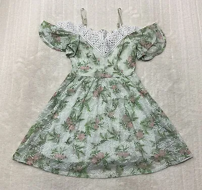 Disney Princess Juniors Size S Green Floral Lace Cold Shoulder Mini Dress • $17.99