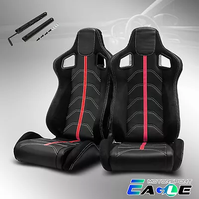 JDM Universal Black PVC Red Line Reclinable Racing Seats Left&Right W/Slider • $275.98