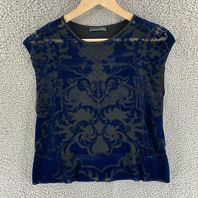 $10.18 • Buy Zara W&B Top Women's Small Blue Damask Velvet Overlay Black Sheer Sleeveless Y2K