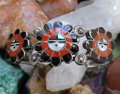 Vintage Andrew Laahty Zuni Sunface Inlay Cuff Bracelet Turquoise Coral Hallmark • $395