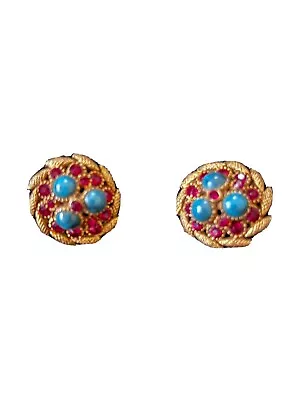 Vintage HAR Signed Gold-Tone Clip-on Earrings Dome With  Ruby  And  Turquoise   • $85.99