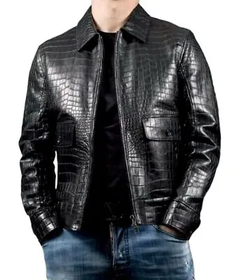 Mens Real Leather Crocodile Embossed Jacket Biker Black Alligator Print Jacket • $220