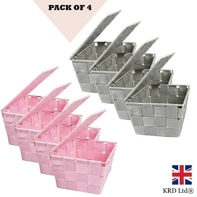 £12.39 • Buy 4x Fabric Woven Storage Basket With Lid Hamper Box Home Decor Kitchen Room Tidy
