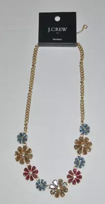 J Crew Floral Rhinestone Statement Necklace Gold (Pink Blue) NEW • $29.99