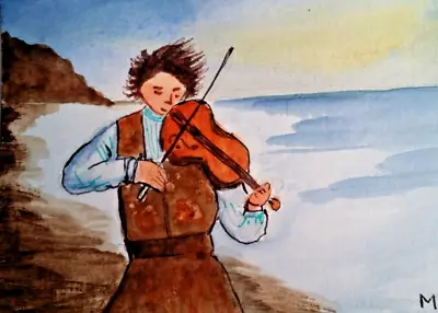 ACEO Original - Man Playing Violin By Beach - Watercolor 2.5 X 3.5 Signed • $9.90