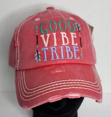 NEW! GOOD VIBE TRIBE Embroidered Distressed Baseball Cap Vintage Style Pink Hat • $15
