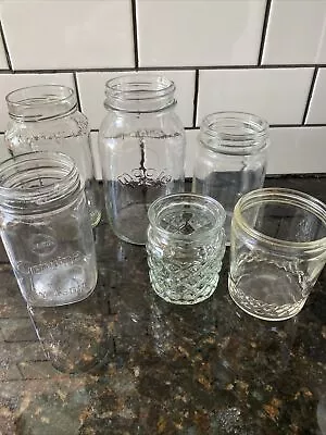 Mixed Lot 6 Mason Jars Sam I Magic Anchor Hocking Clear Glass Canning Storage • $14.24