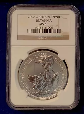 Great Britain 2002 Britannia 2 Pound Silver Bullion Coin Ngc Certified Ms 65 • $85