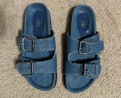 Rare! ZARA Blue DENIM SANDALS Womens Buckle Flat Slip On Slide Size 7.5 38 • $39.95