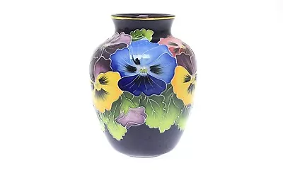 J McCALL~Blue Sky 7” Pansies Enameled Vase Icing On The Cake Collection 2004 • $24.99