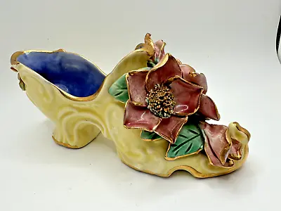 Vtg Rozart Pink Roses Pottery Yellow Shoe Planter Vase Gold Trim  6  • $30