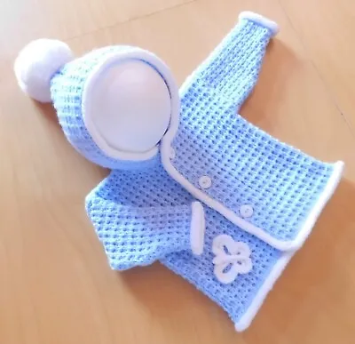 Hand Knit Baby Hooded Jacket With Crochet Butterflies & Pompom - Blue - Newborn • £19