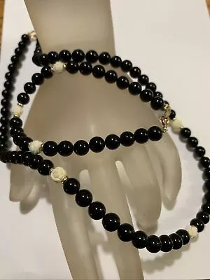 Vintage 14K Gold Bead Black Onyx Beaded Strand  Necklace Bracelet Set • $88