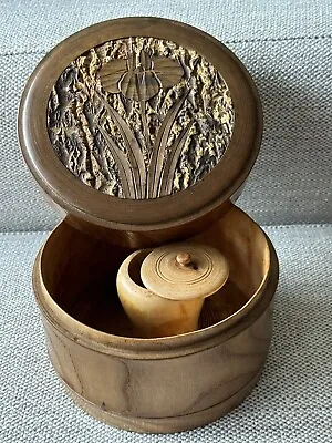 ANTIQUE WOODEN HAND CARVED ROUND TRINKET BOX WITH LID - Japanese Sewing Box • $110