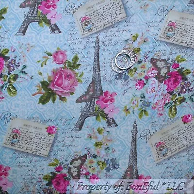 BonEful FABRIC FQ Cotton VTG Aqua Pink Rose Flower Eiffel Tower Paris Butterfly • $6.47