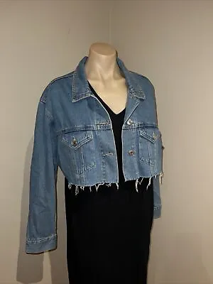 $45 • Buy Boho Cropped Denim Jacket Pull And Bear Size Large Raw Hem Excellent Condition