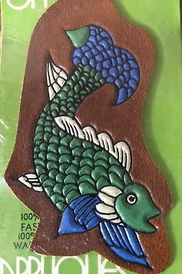 Vintage Wrights Faux Leather Koi Fish Blue Green Sew On Applique Patch 1970's • $15.52