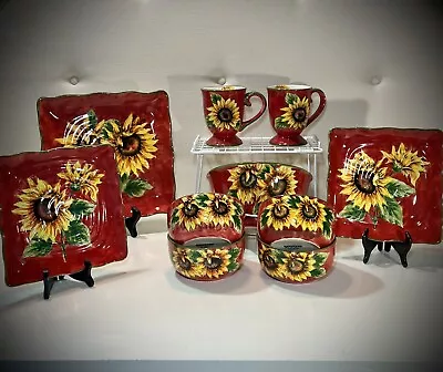 Maxcera Red Sunflower SET Of 9  Hand Painted Ceramic Dishes • $80