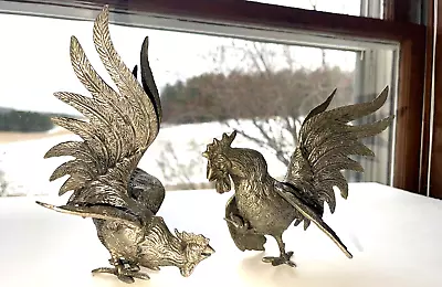 2 FiGURAL METAL SILVER TONED CHICKENS  FIGHTING ROOSTERS CHICKENS FARM DECORE • $54.95