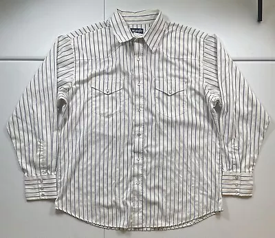 Vintage Wrangler Western Pearl Snap Shirt Men’s XL White Pin Stripe Brushpopper • $24.95